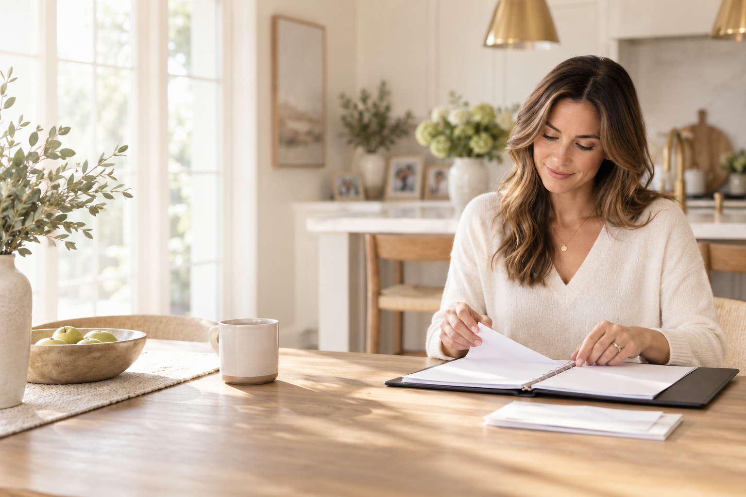 A mother reviewing her family's estate plan in a warm, sunlit home